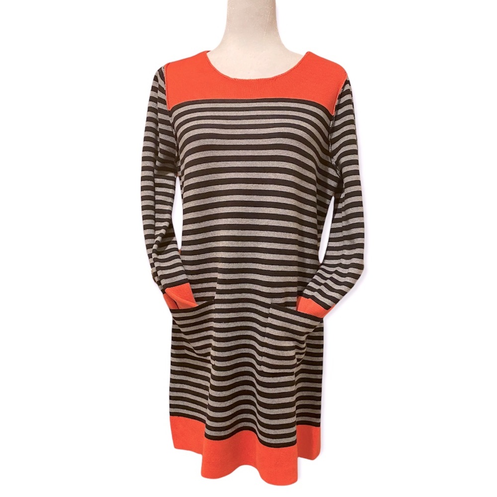 Eliza J Black Gray Orange Striped Knit Sweater Shift Dress Pockets Size 14